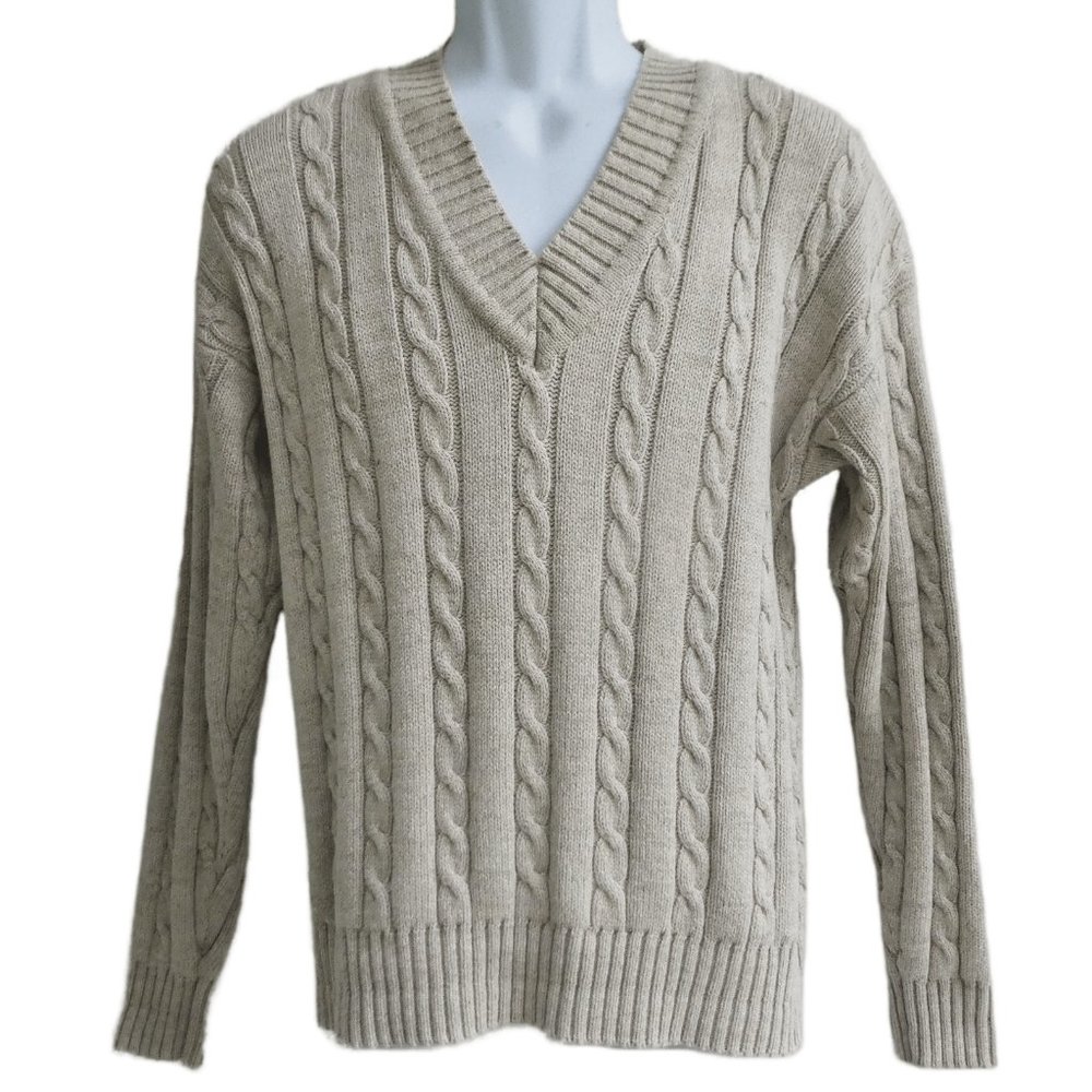 Vintage Banana Republic Safari & Travel Cable Knit Sweater Ecru Beige V Neck S